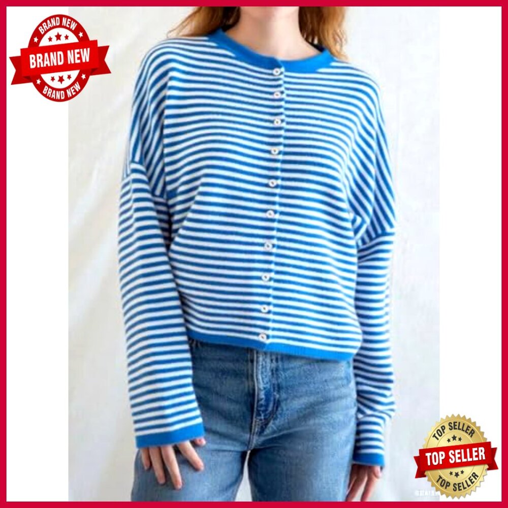 Cropped Striped Button Down Cardigan Sweater Soft… - image 2